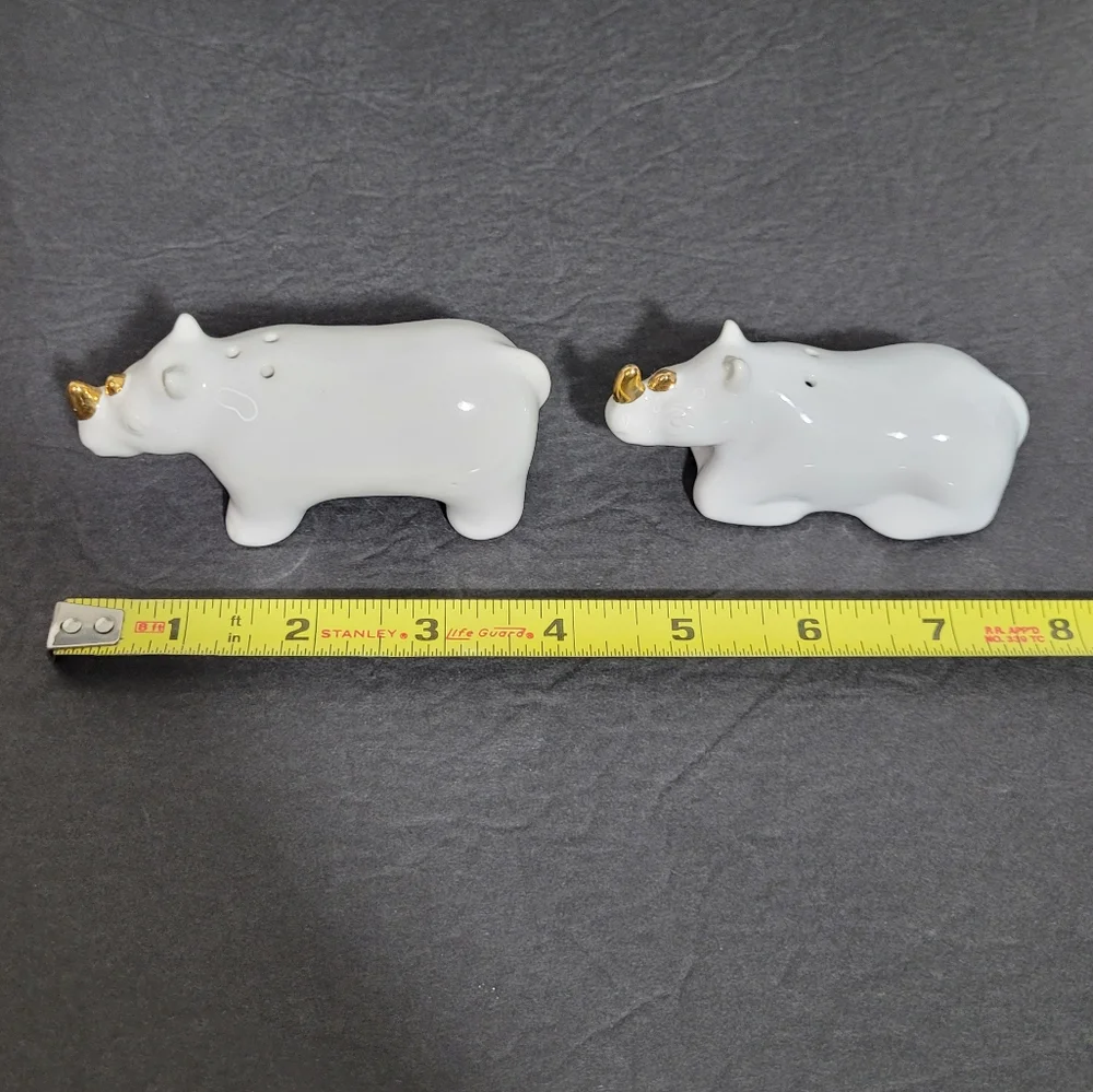 White Rhinoceros Salt & Pepper Shakers Set with Golden Horns